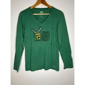 Life is Good Womens Medium Reindeer Straight Outta North Pole Christmas Shirt